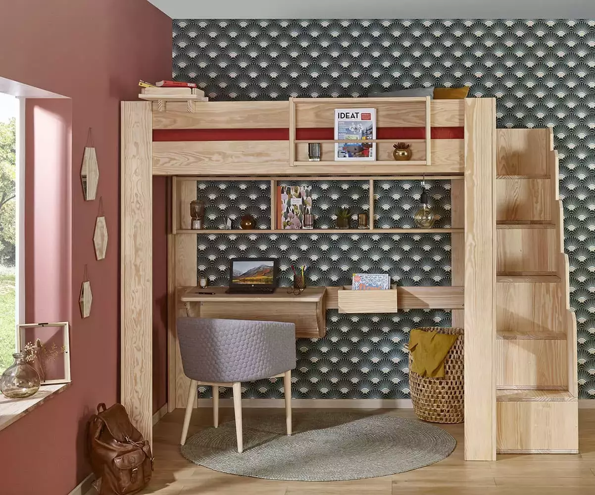 Lit mezzanine bois naturel avec accessoire de la collection Kirk en option