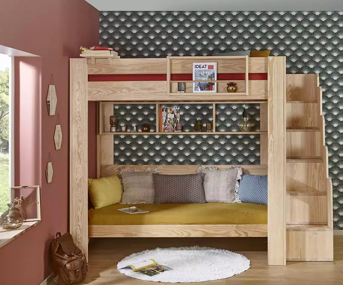 Lit mezzanine escalier bois naturel avec banquette Euphor en option