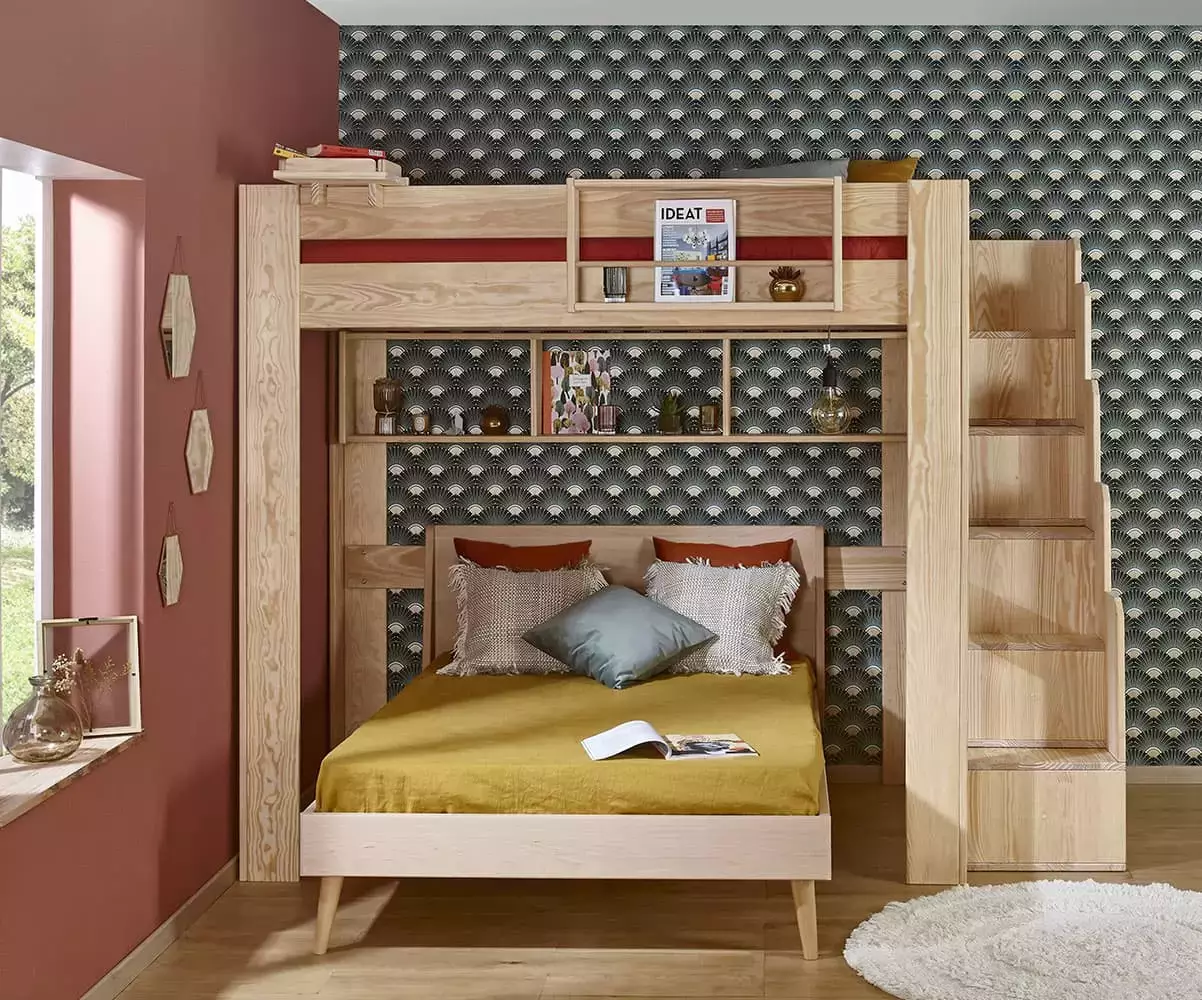 Lit mezzanine bois naturel avec lit double Riddel en option