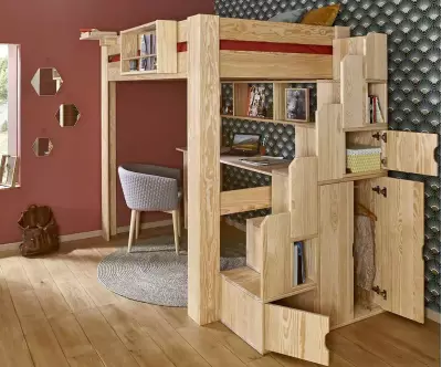 Lit mezzanine et module escalier inclus avec rangements coloris bois naturel