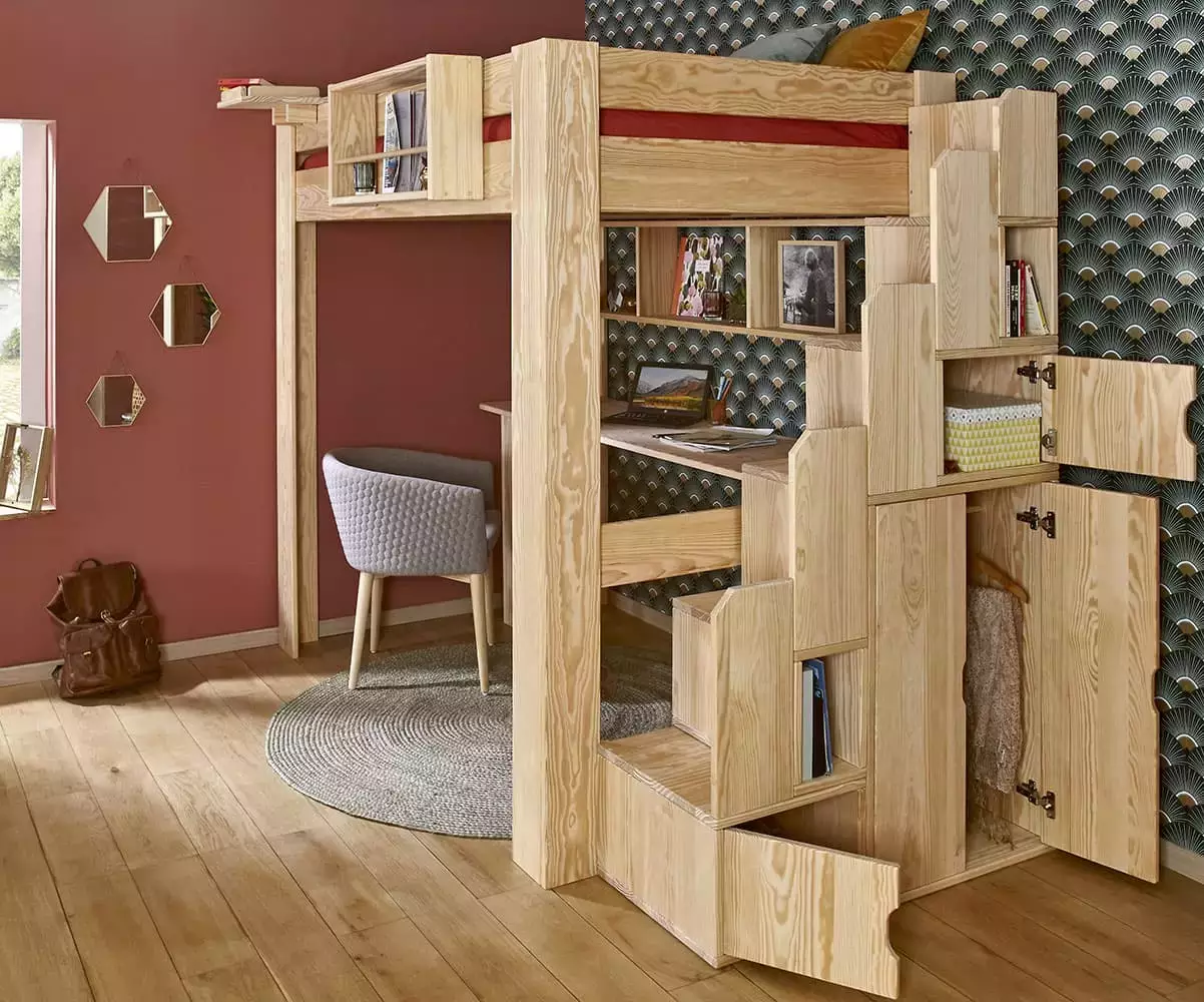 Lit mezzanine et module escalier inclus avec rangements coloris bois naturel