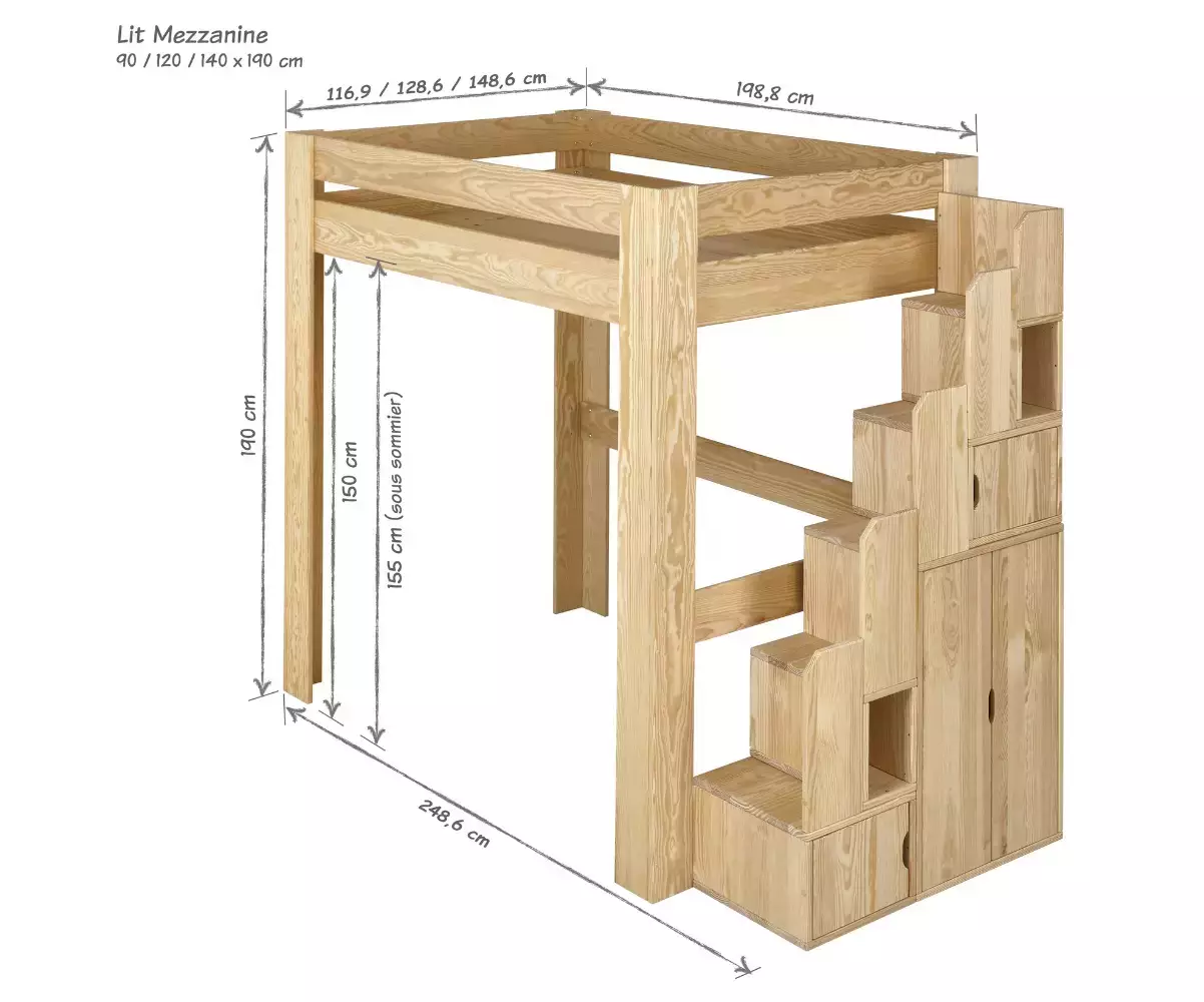 Dimensions lit mezzanine Paros bois naturel