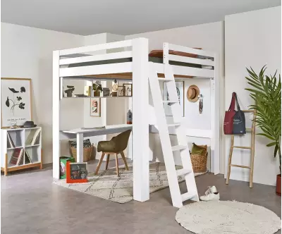 Lit mezzanine blanc 200x200 cm Palomar avec bureau en option