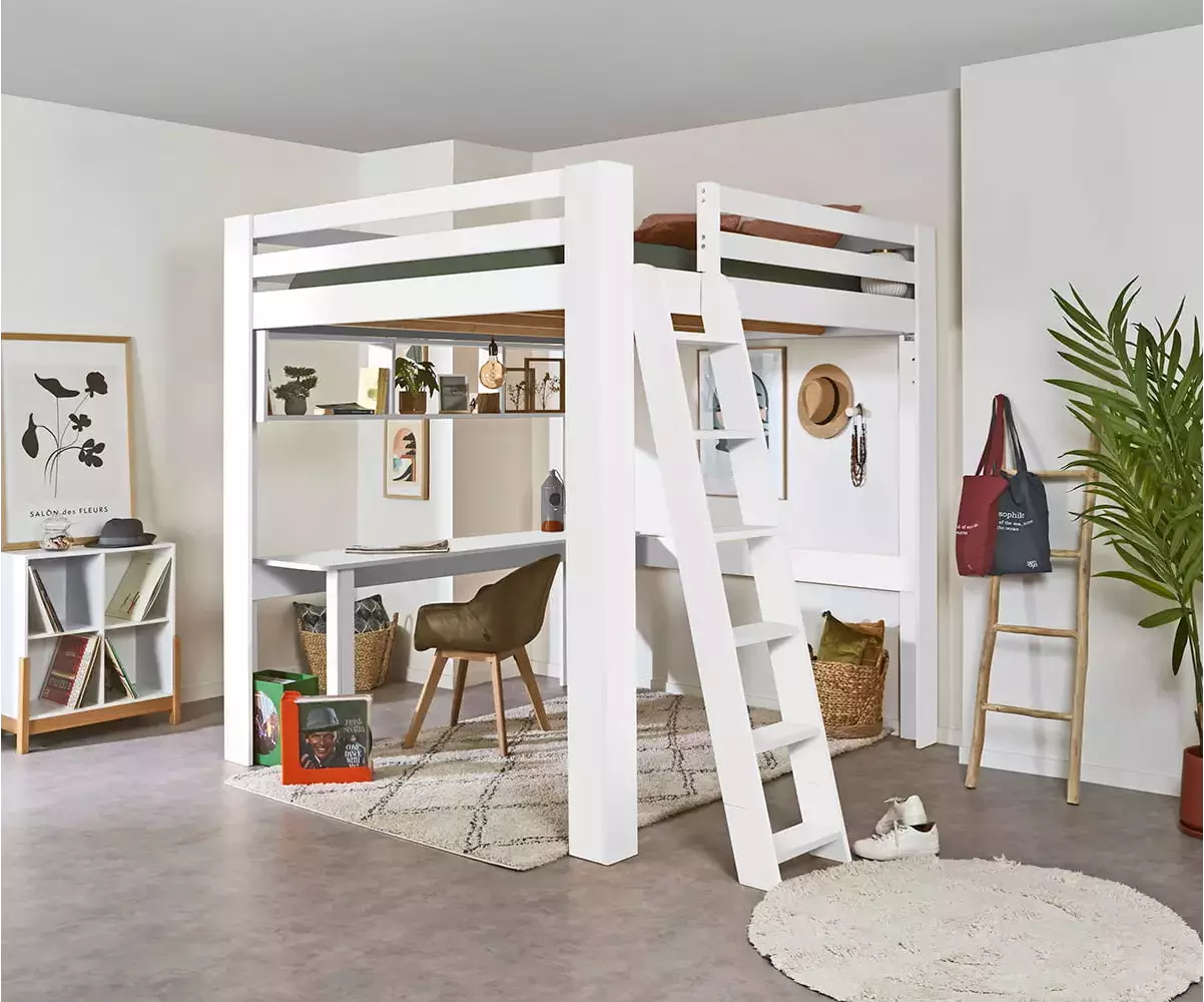 Lit mezzanine blanc 200x200 cm Palomar avec bureau en option