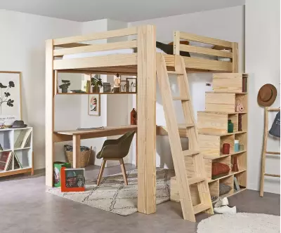 Lit mezzanine bois 200x200 cm Palomar avec bureau en option