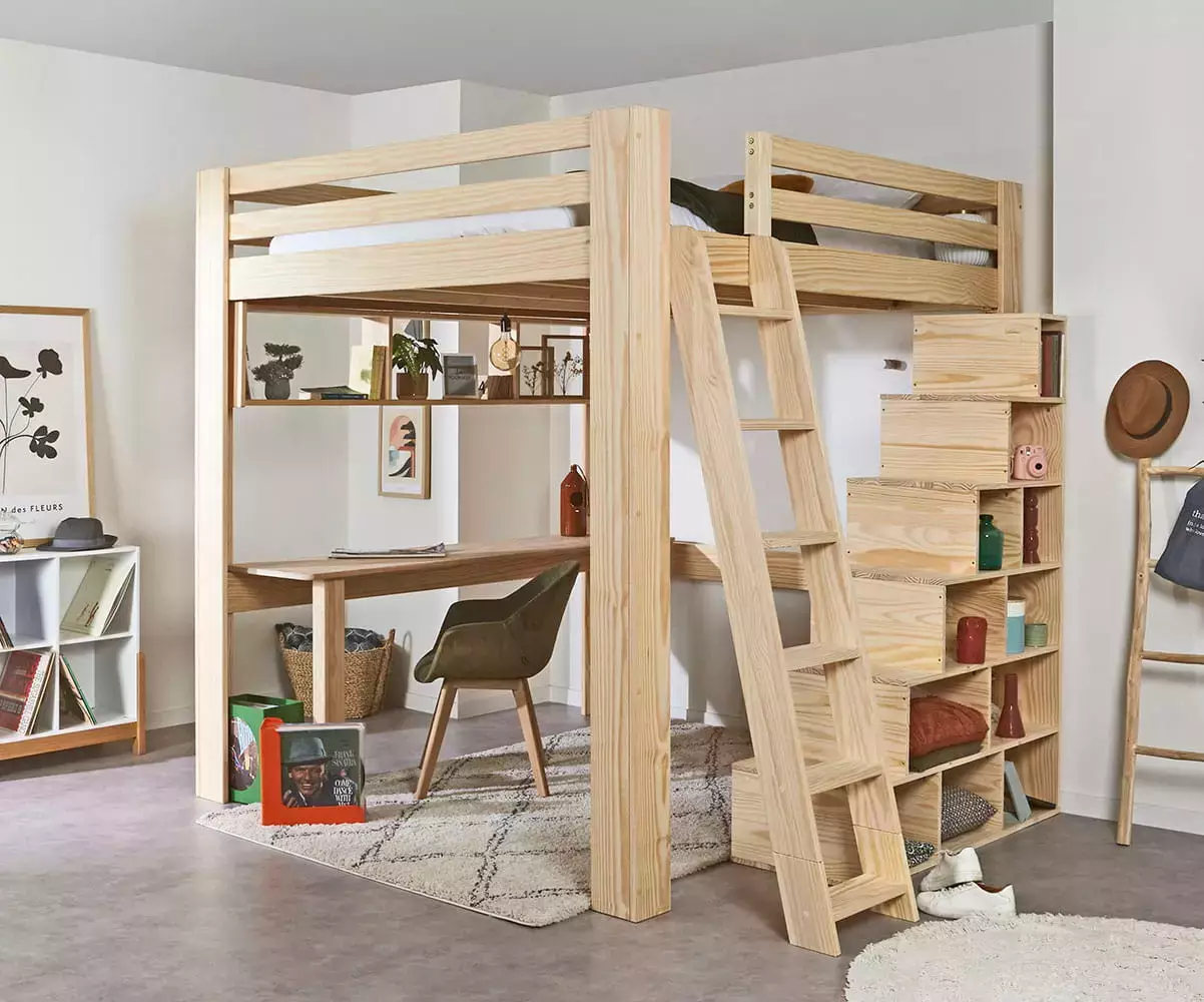 Lit mezzanine bois 200x200 cm Palomar avec bureau en option
