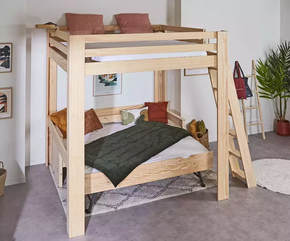 Lit mezzanine bois 200x200 cm Palomar avec banquette Nuage ouverte en option