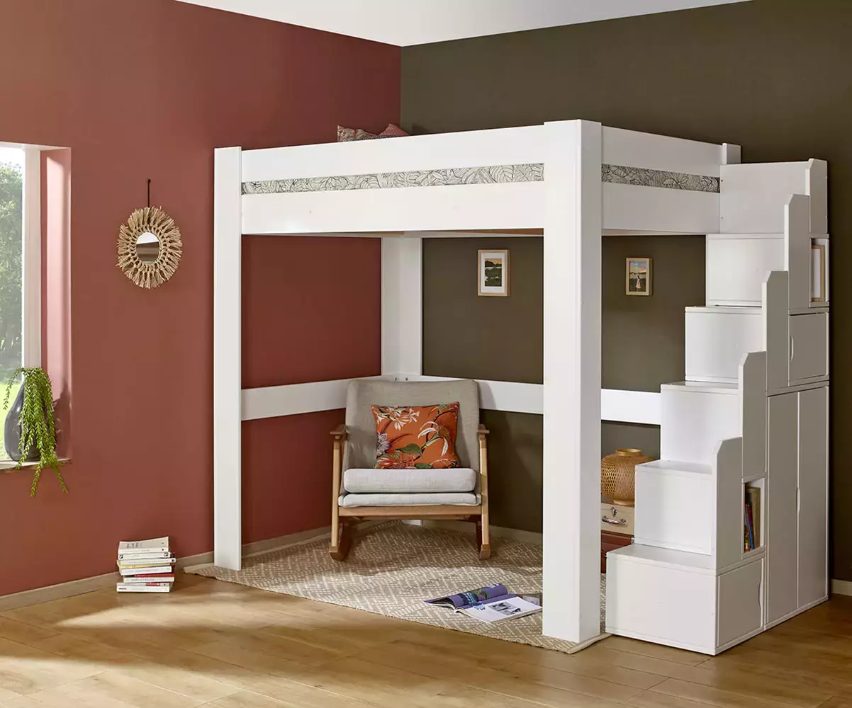 Lit mezzanine blanc avec module escalier et matelas
