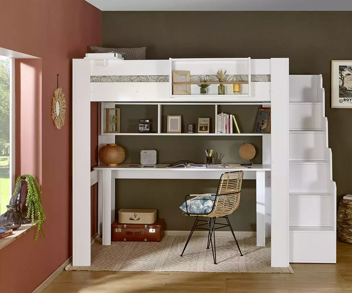 Lit mezzanine blanc avec bureau Milos en option