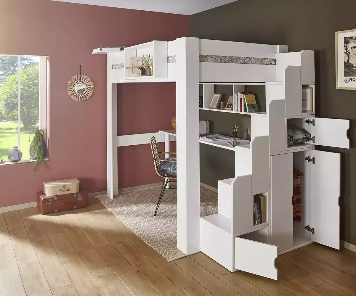 Lit mezzanine blanc avec module escalier et rangements intégrés