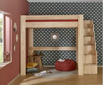 Lit mezzanine gain de place bois naturel avec matelas