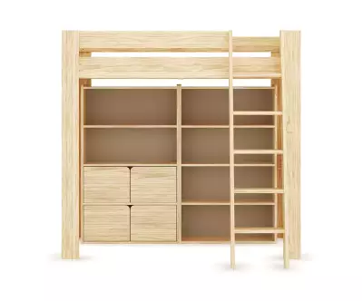 Etagères Fairview en bois naturel sous mezzanine de face