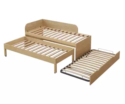 Lit 3 couchages avec sommier gigogne replié en bois naturel