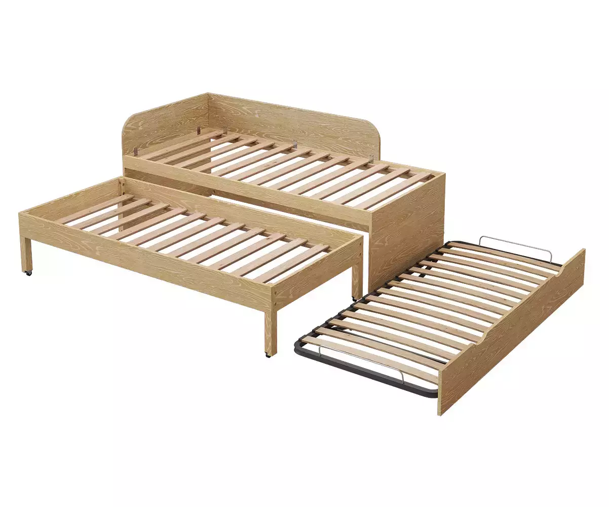Lit 3 couchages avec sommier gigogne replié en bois naturel