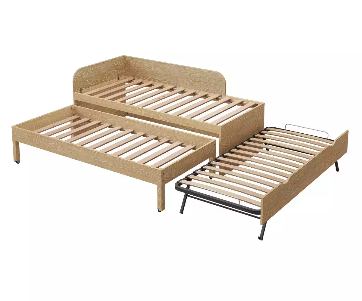 Lit Ludlow triple couchages avec sommier gigogne déplié en bois naturel