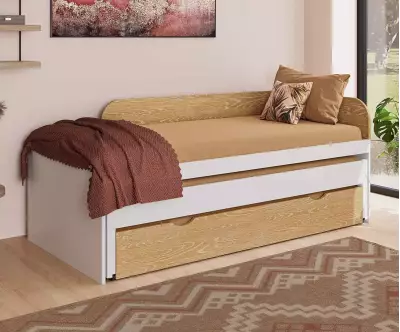 Lit Ludlow finition blanche avec tiroir en bois naturel