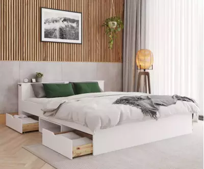 Lit 2 places Belokan blanc avec tiroirs ouverts