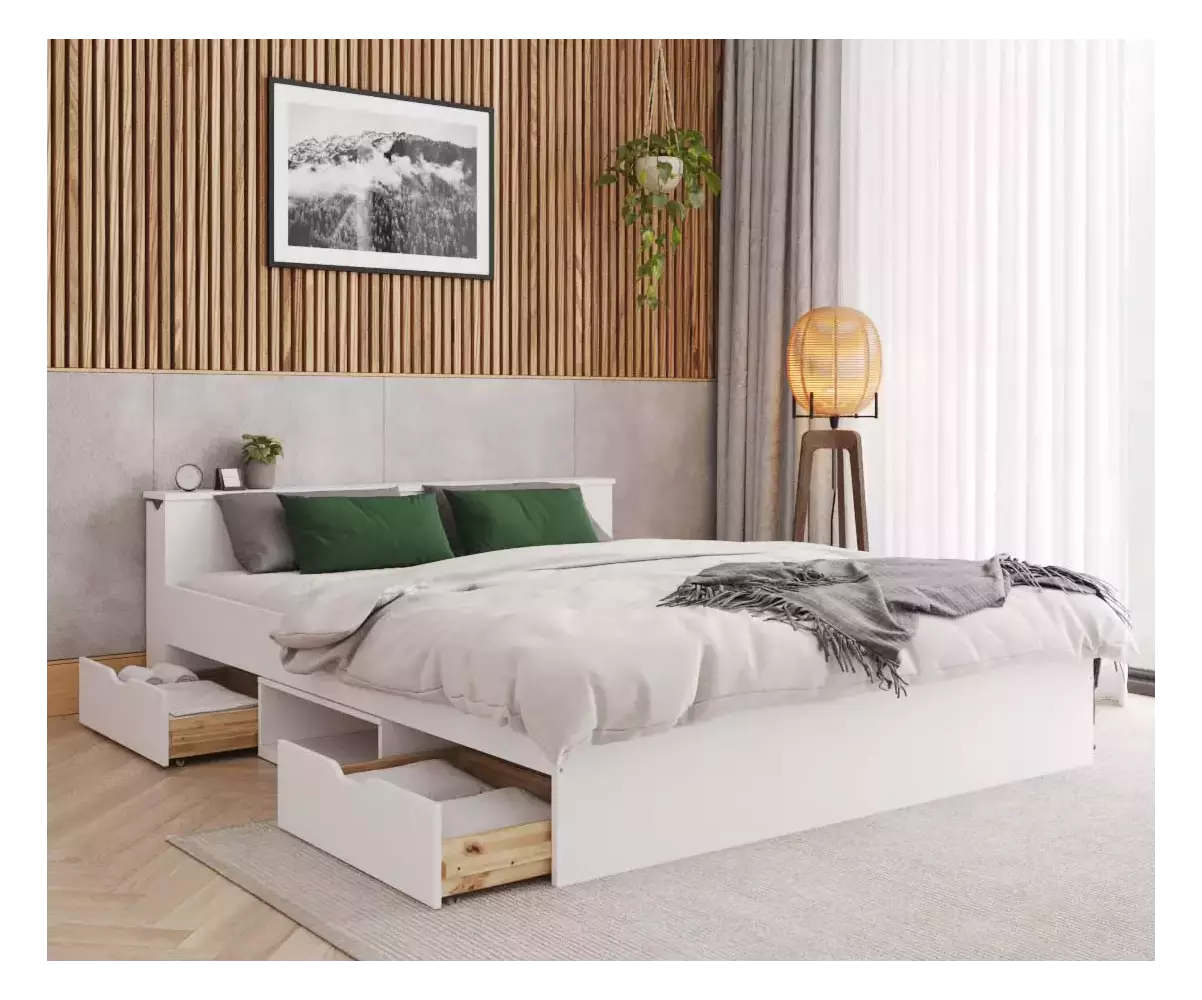 Lit 2 places Belokan blanc avec tiroirs ouverts