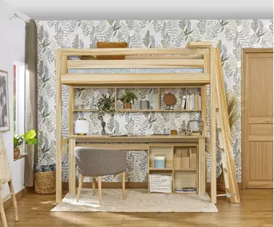 Lit mezzanine Abel bois échelle petit côté (bureau et rangements en option)