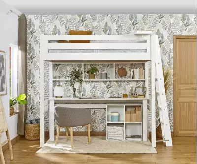Lit mezzanine Abel blanc échelle petit côté (bureau et rangements en option)
