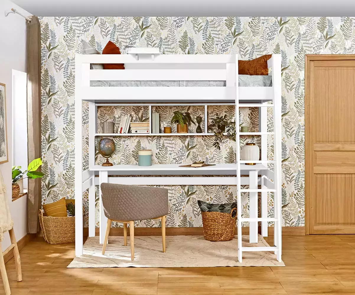 Lit mezzanine Abel blanc avec échelle sur la longueur (bureau et rangements en option)