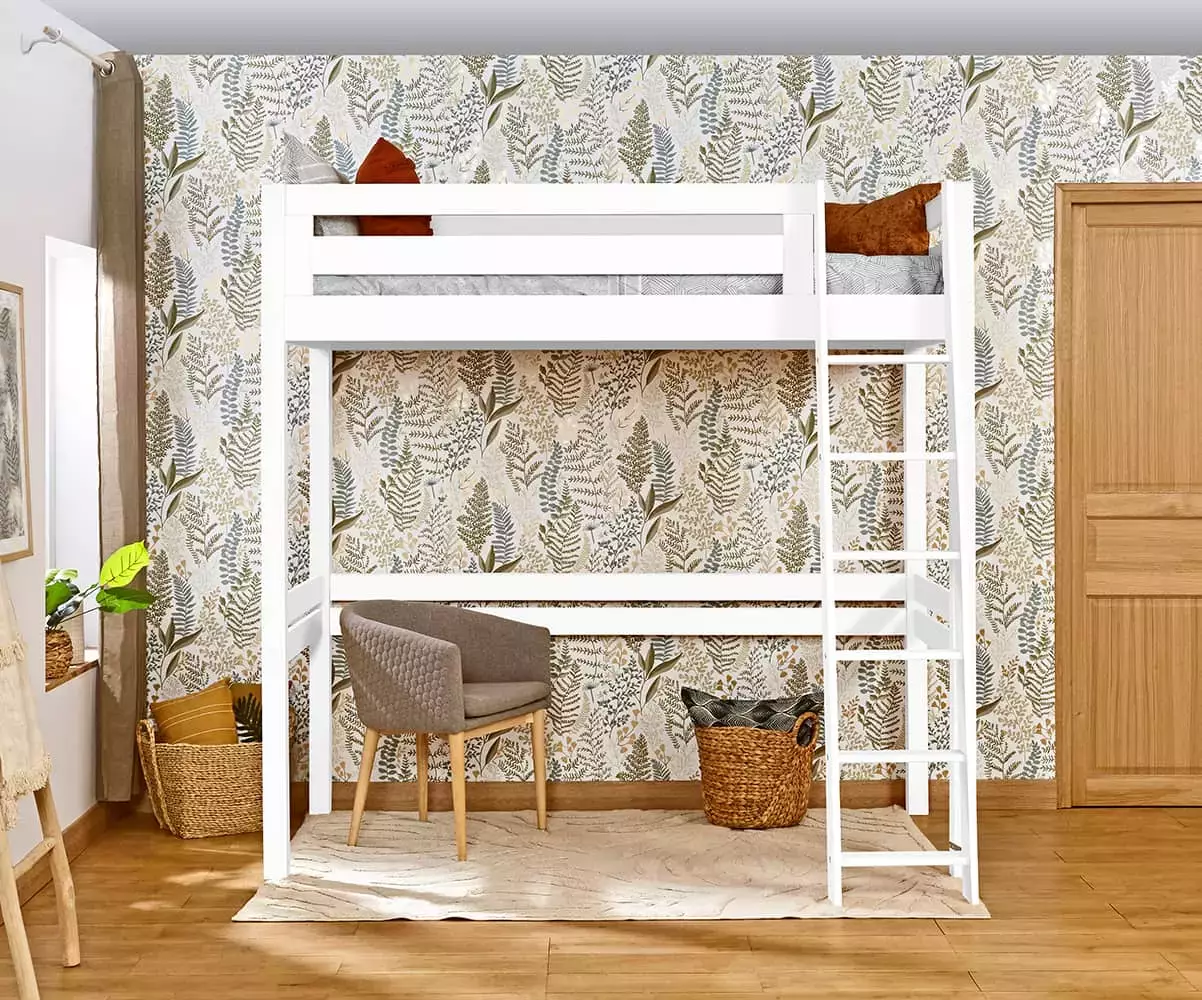 Lit mezzanine Abel blanc avec échelle sur la longueur