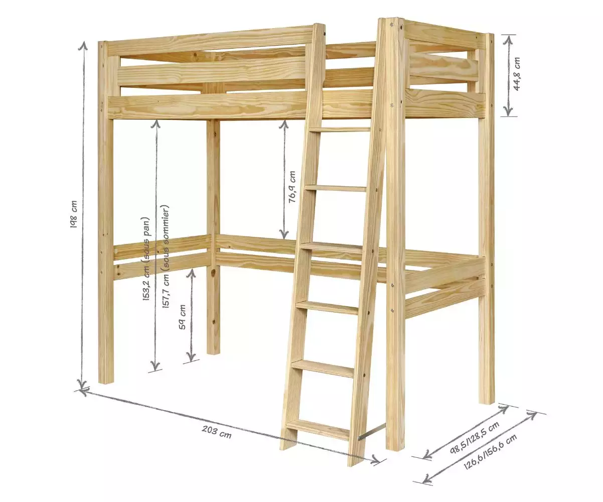 Dimensions lit mezzanine Abel 120x190 - échelle grand côté