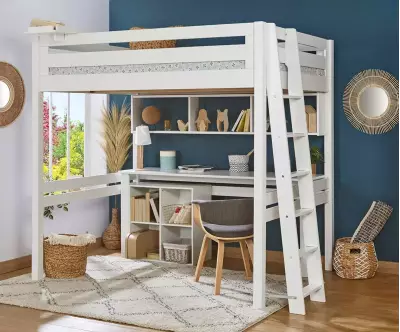 Lit mezzanine 2 places Abel blanc (bureau et rangement en option)