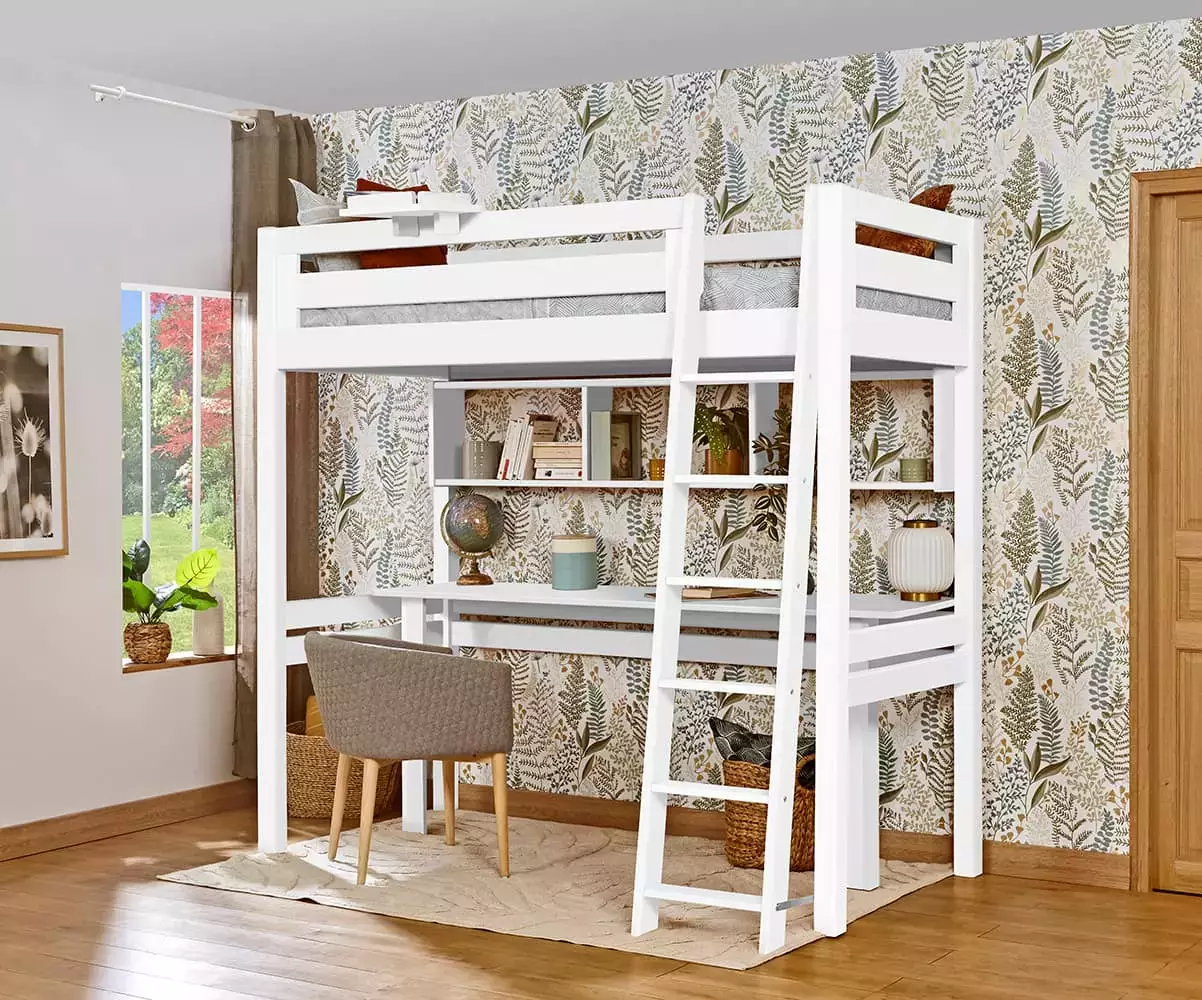 Lit mezzanine Abel blanc avec bureau (rangements en option)