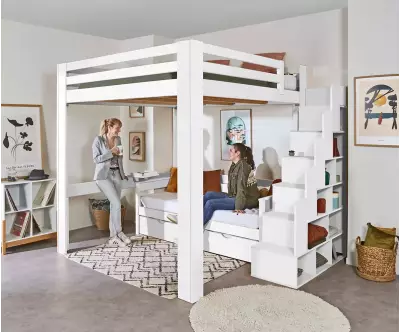 Lit mezzanine blanc 200x200 avec escalier