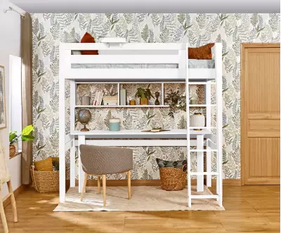 Lit mezzanine Abel blanc avec bureau (rangements en option), échelle grand côté