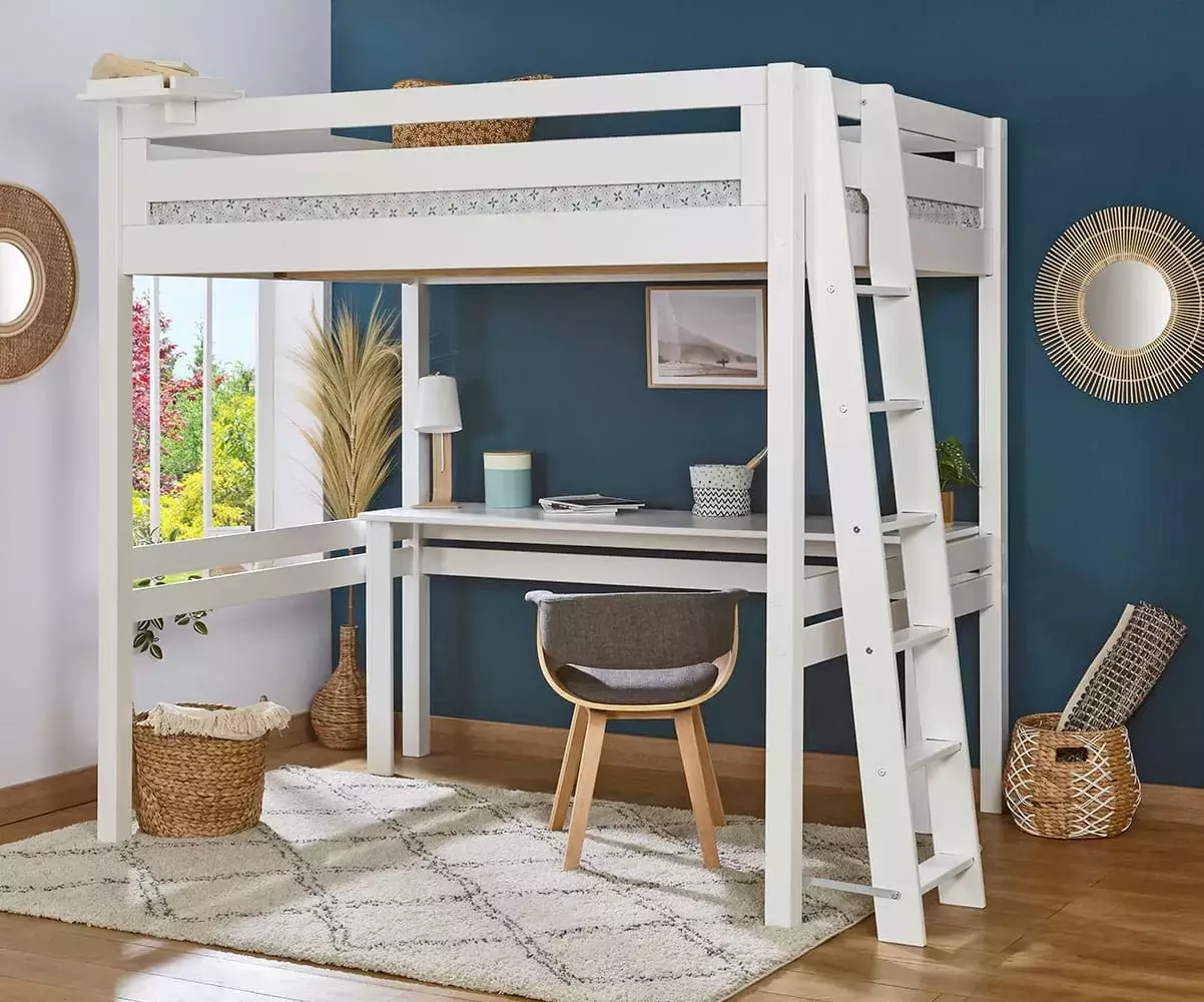 Lit mezzanine 2 places Abel avec bureau blanc
