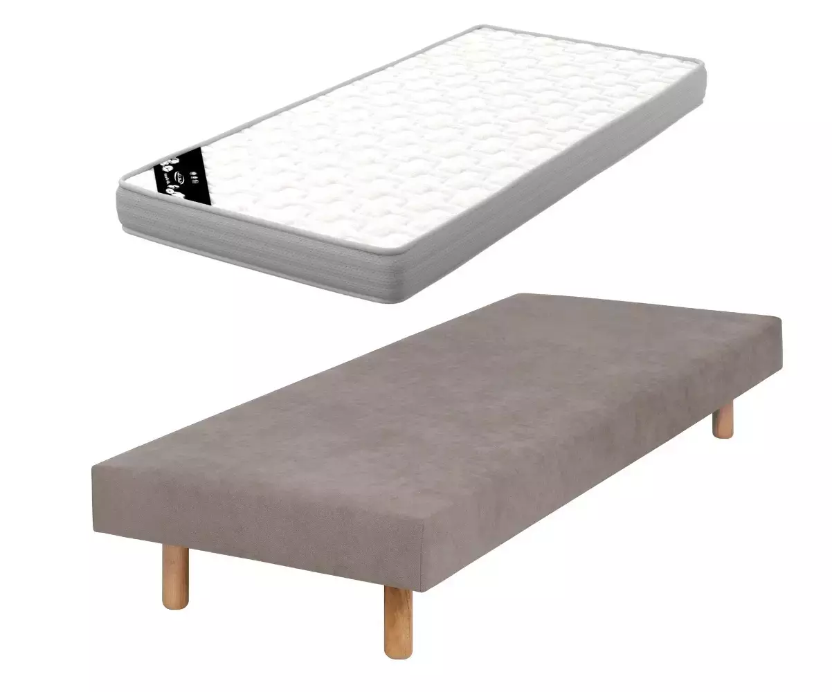 Sommier beige Lena avec pieds bois et matelas Elbe