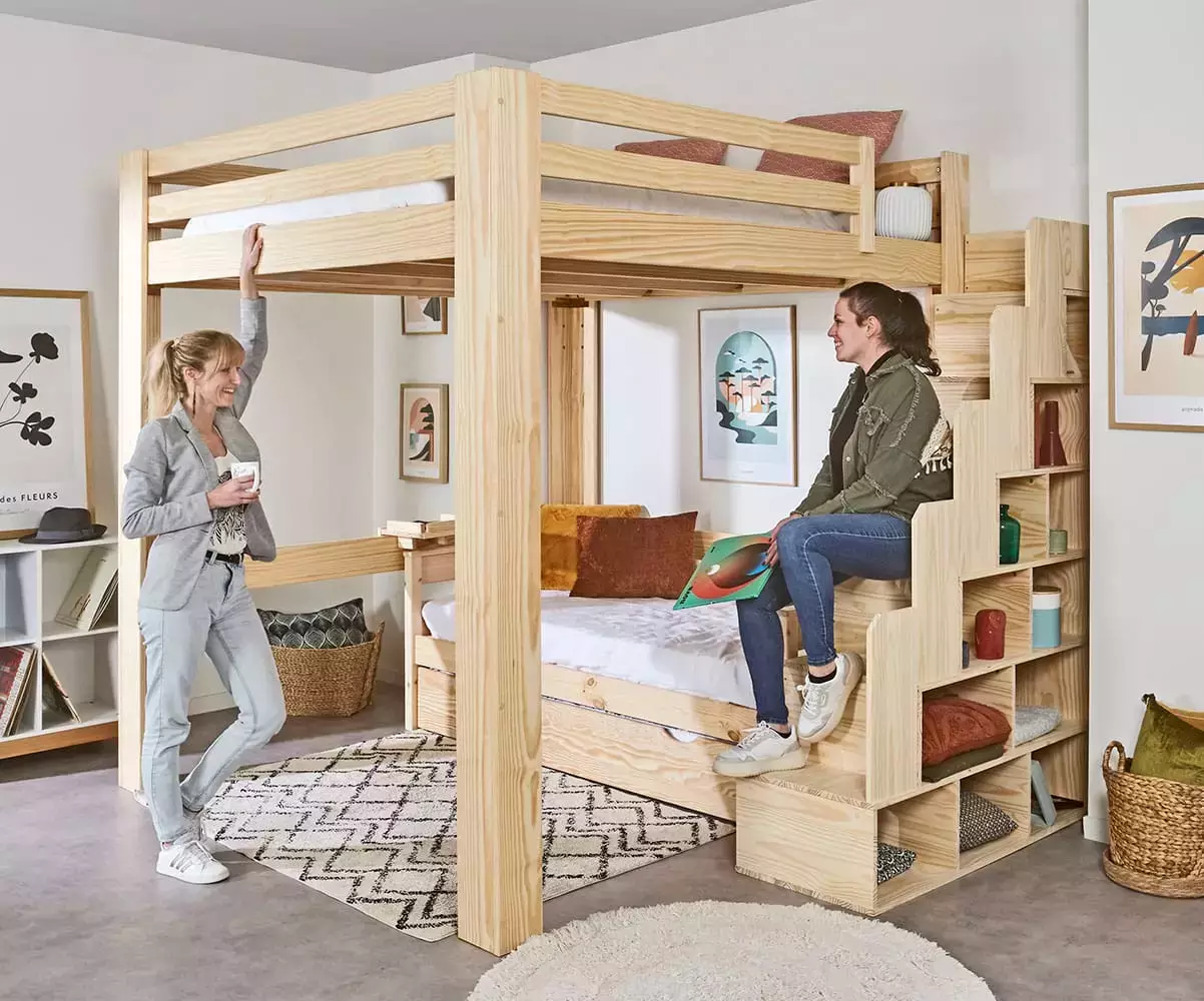 Lit mezzanine bois 200x200 avec escalier