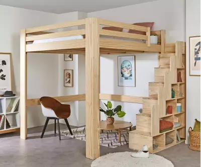 Lit mezzanine bois 200x200 avec escalier réversible