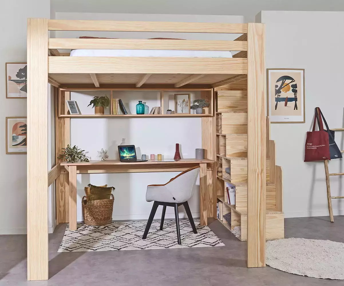 Lit mezzanine bois avec escalier. Bureau en option