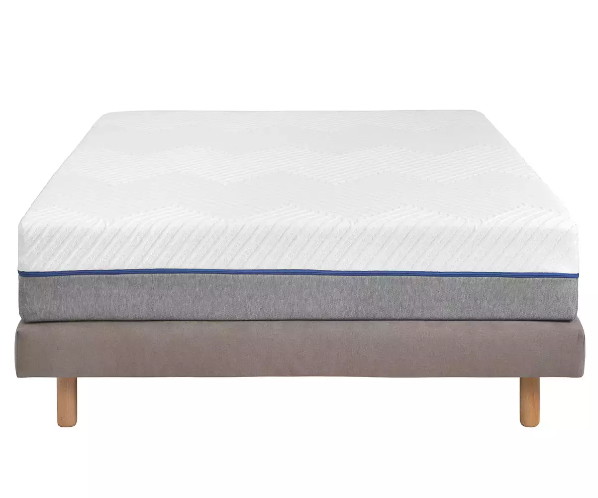 Pack sommier tapissier beige, pieds bois et matelas déhoussable