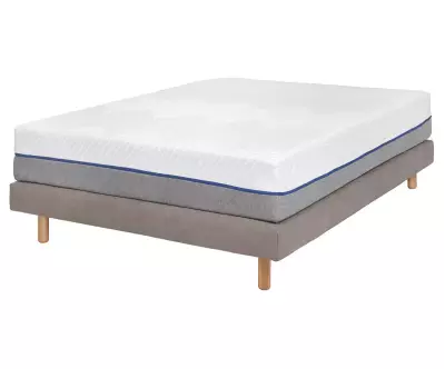 Pack sommier tapissier beige, pieds bois et matelas