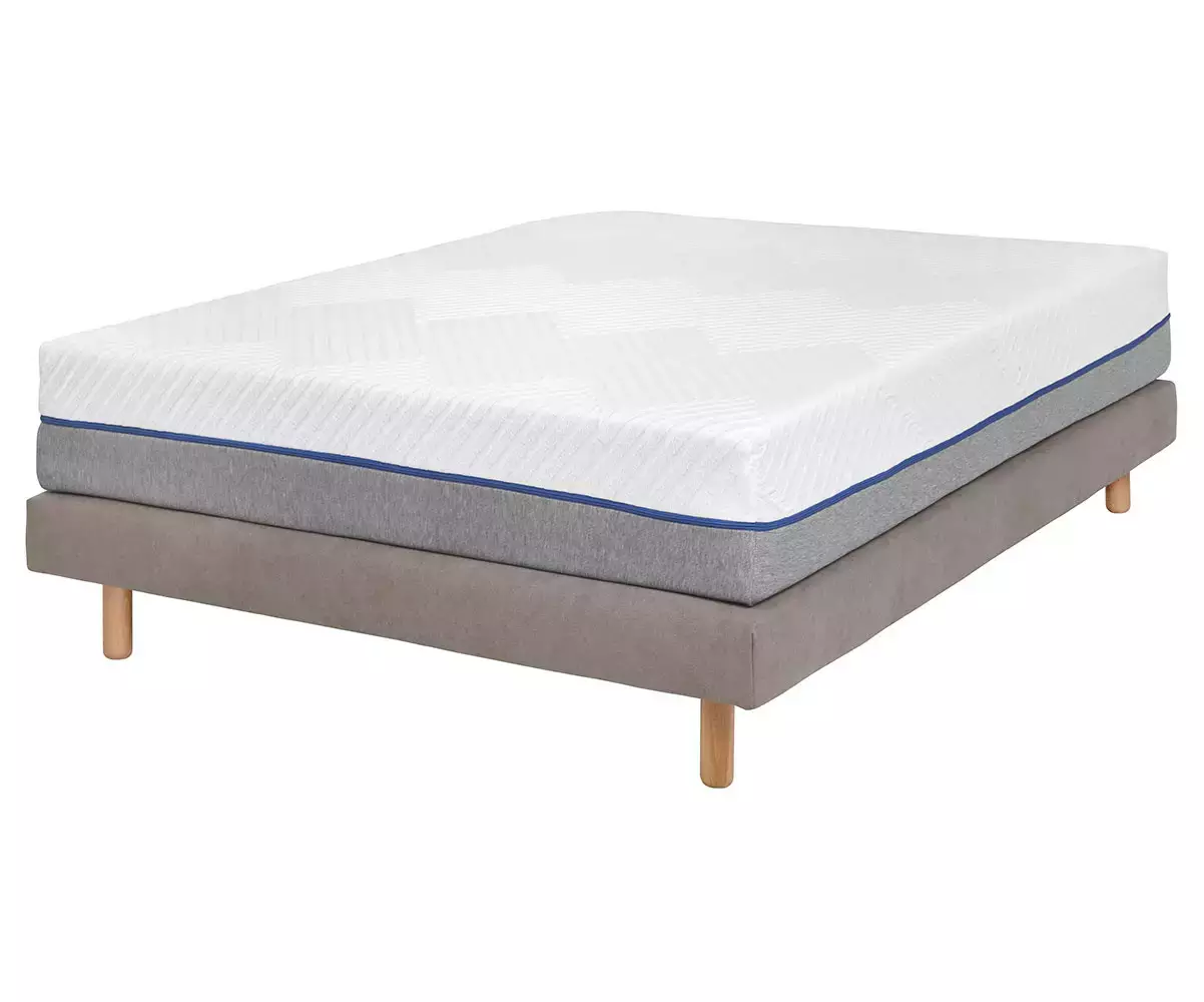 Pack sommier tapissier beige, pieds bois et matelas