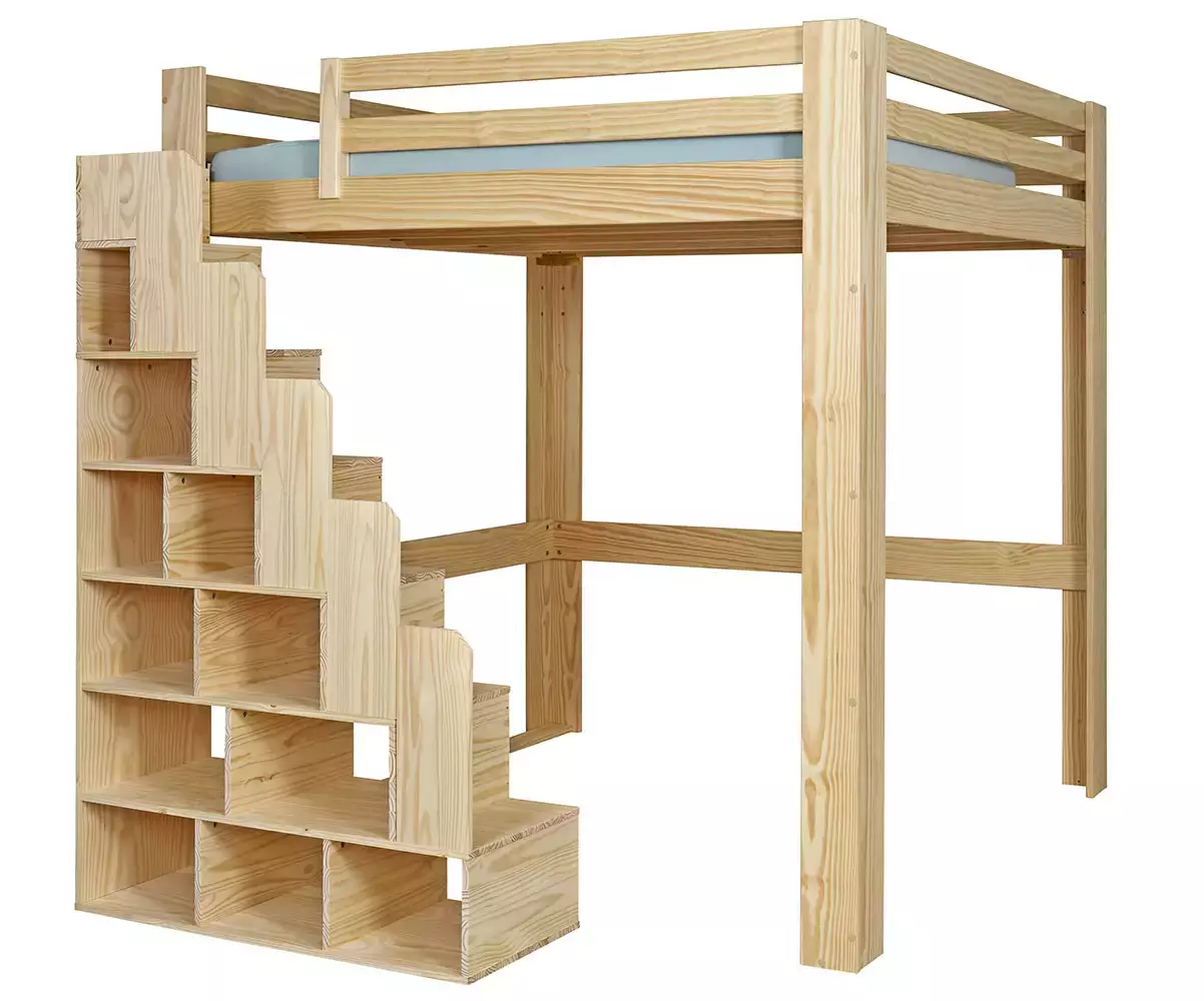 Lit mezzanine bois 200x200 avec escalier à gauche