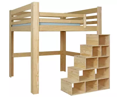Lit mezzanine Palomar 200x200 bois en version basse avec lot de 3 gardes corps