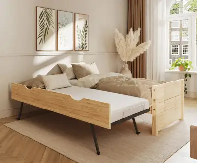 Lit gigogne Alto bois naturel avec sommier gigogne déplié (livré avec 2 matelas)