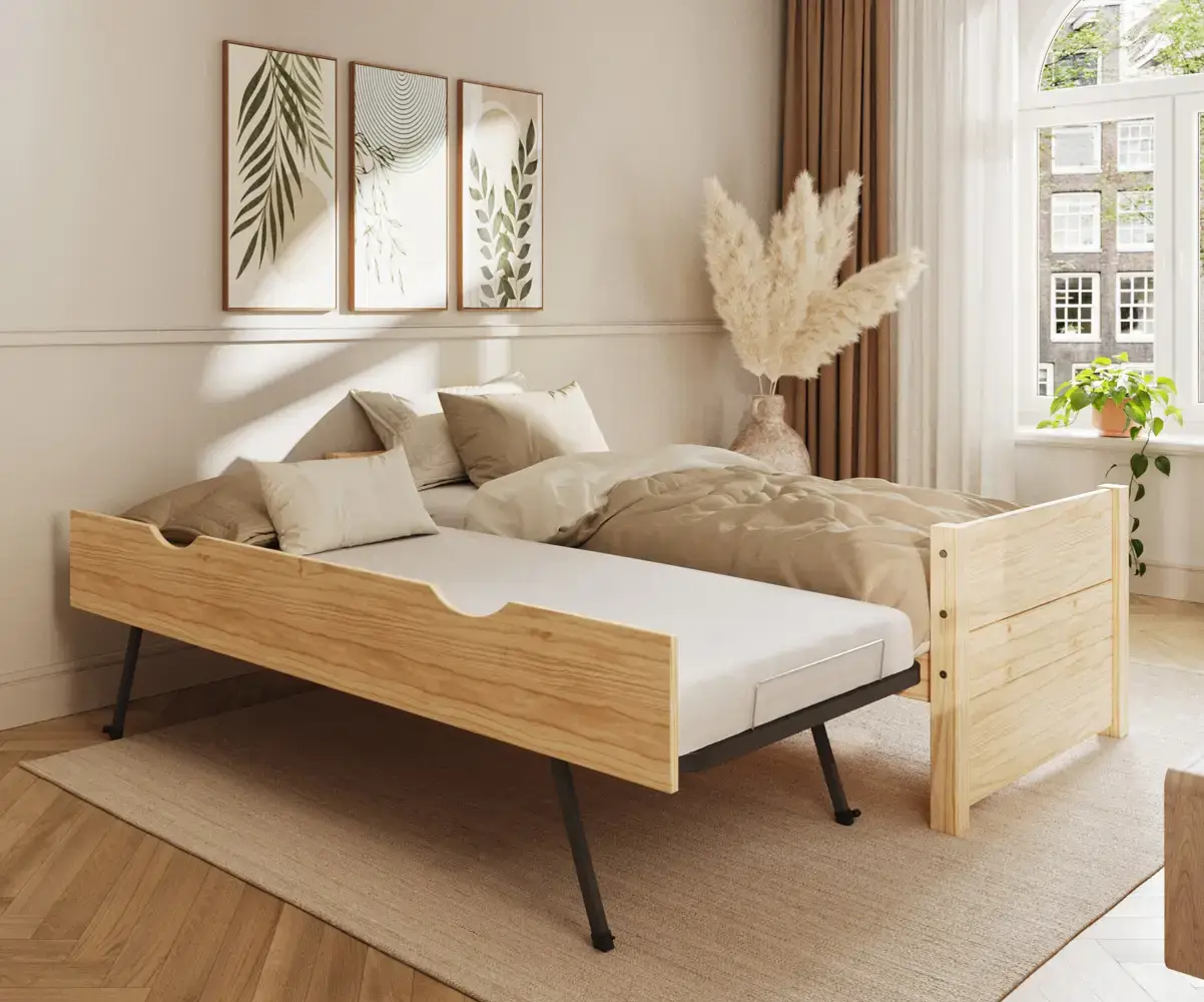Lit gigogne Alto bois naturel avec sommier gigogne déplié (livré avec 2 matelas)