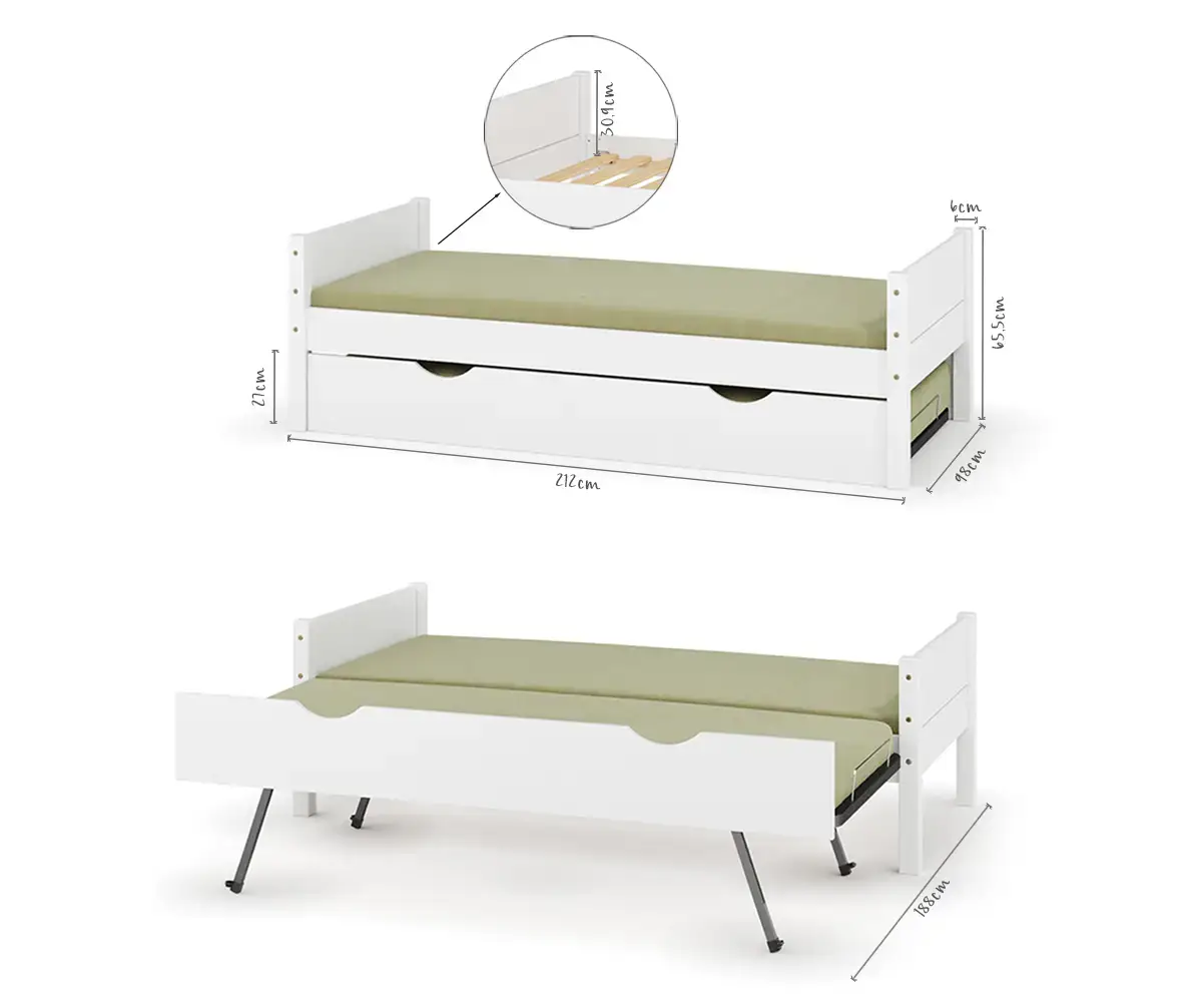 Photo dimensionnelle du lit gigogne Alto avec matelas