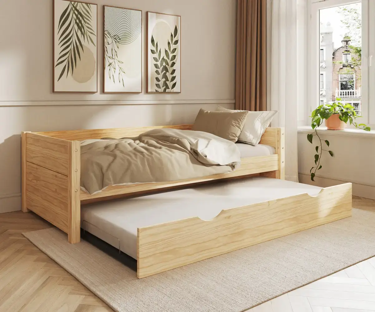 Lit banquette Alto bois naturel avec sommier gigogne plié