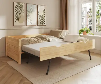 Lit banquette Alto bois naturel avec sommier gigogne déplié