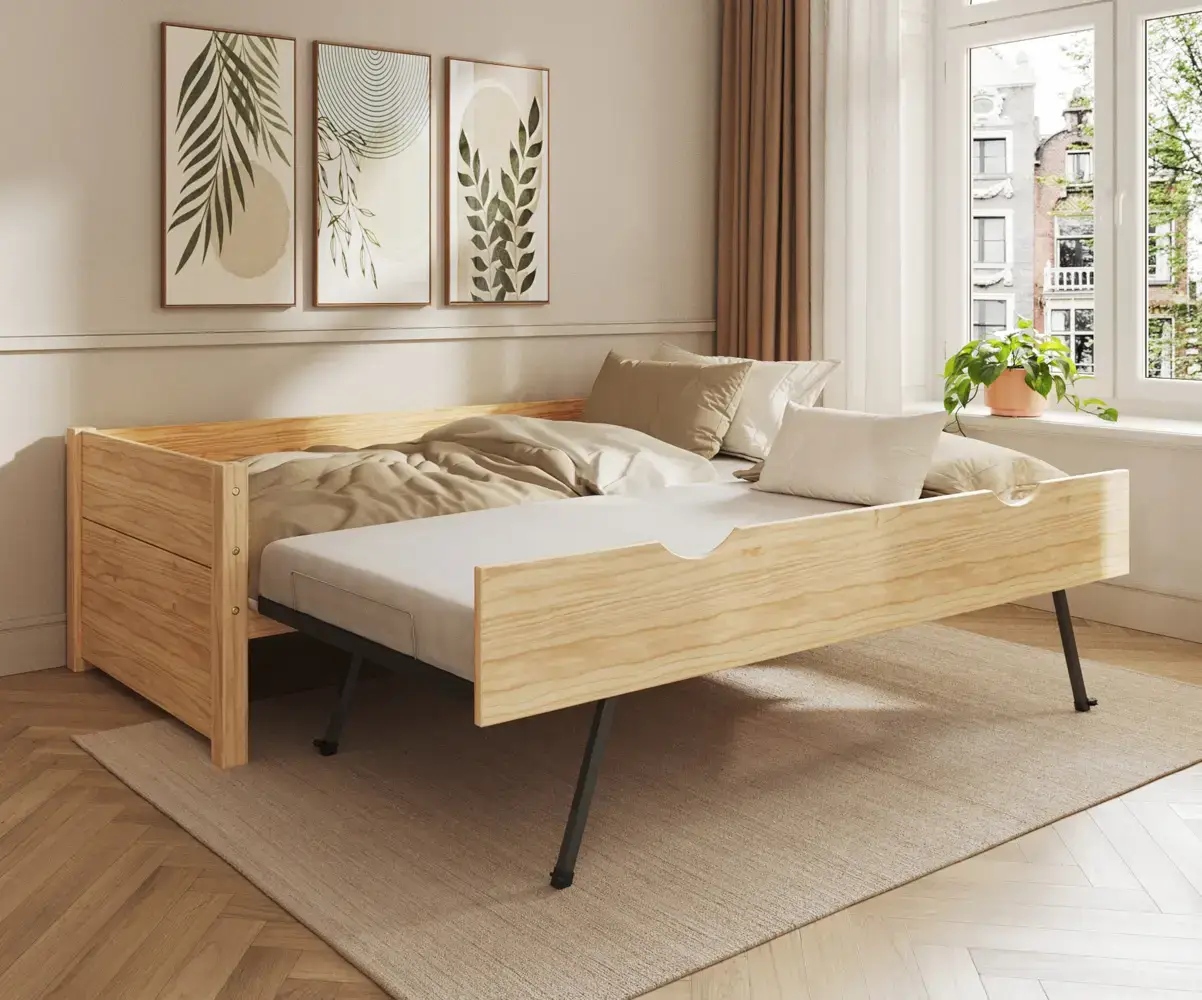 Pack lit banquette Alto blanc avec sommier gigogne déplié bois (matelas inclus)
