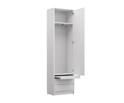 Colonne de rangement blanc avec tablette et tiroirs + porte ouverte