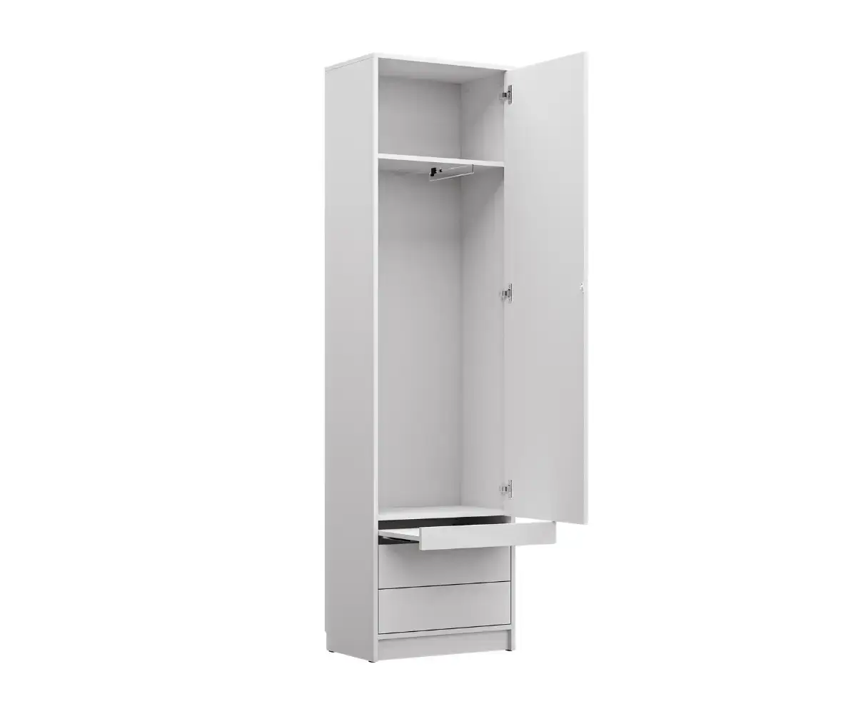 Colonne de rangement blanc avec tablette et tiroirs + porte ouverte