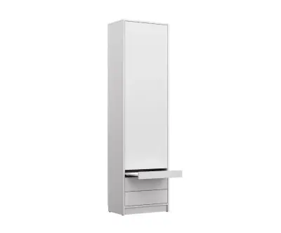 Colonne de rangement blanc avec tablette ouverte et tiroirs + porte
